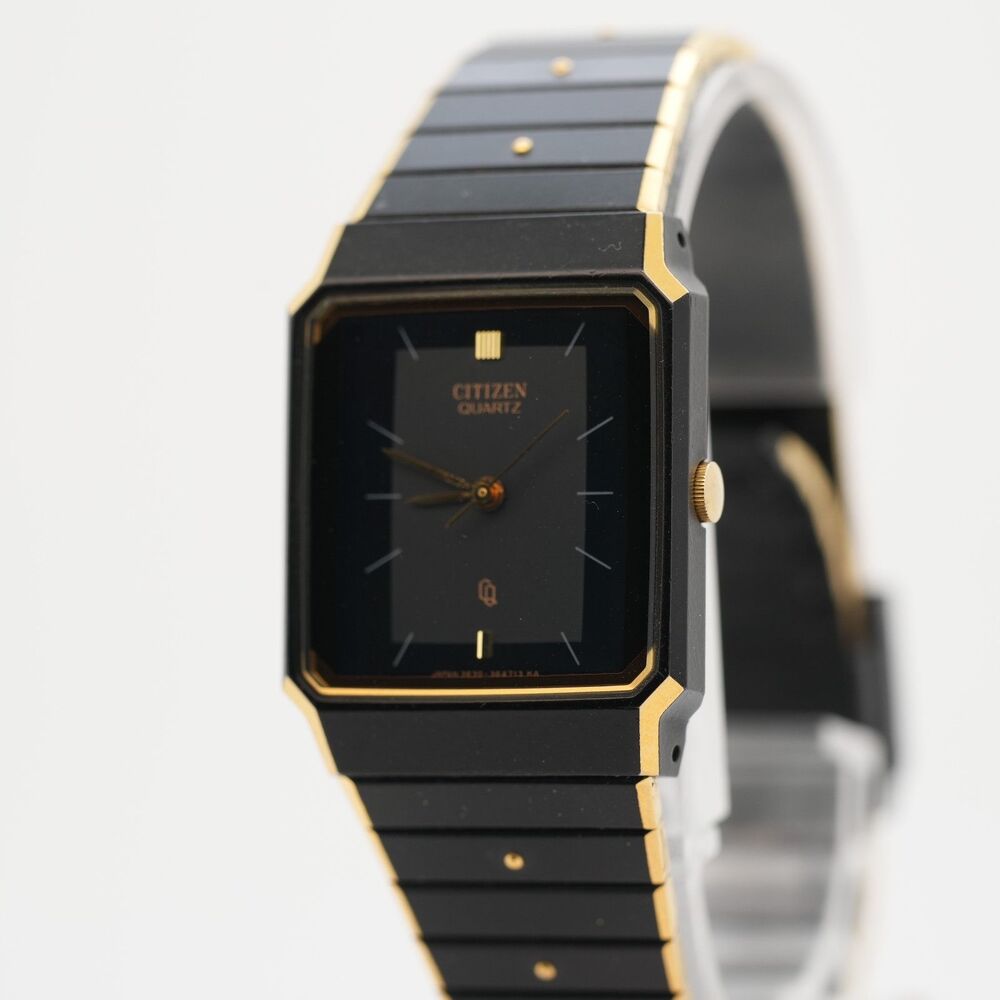 Vintage Citizen Quartz Tank 3630-362128 Black & Gold Minimalist Watch Excellent